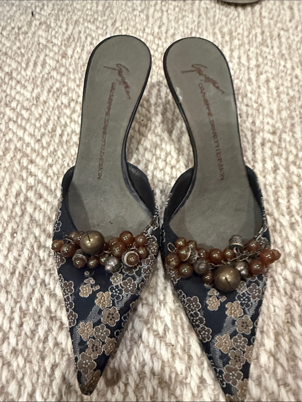 Pointed Beaded Navy and Gold Mules